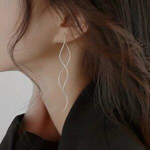 NEW silver spiral dangle earrings, thread earrings, wave tassel dangle earrings